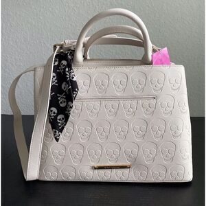 Betsey Johnson Skulls Skulltastic Satchel Purse Bag Cream - BM20535 With Scarf
